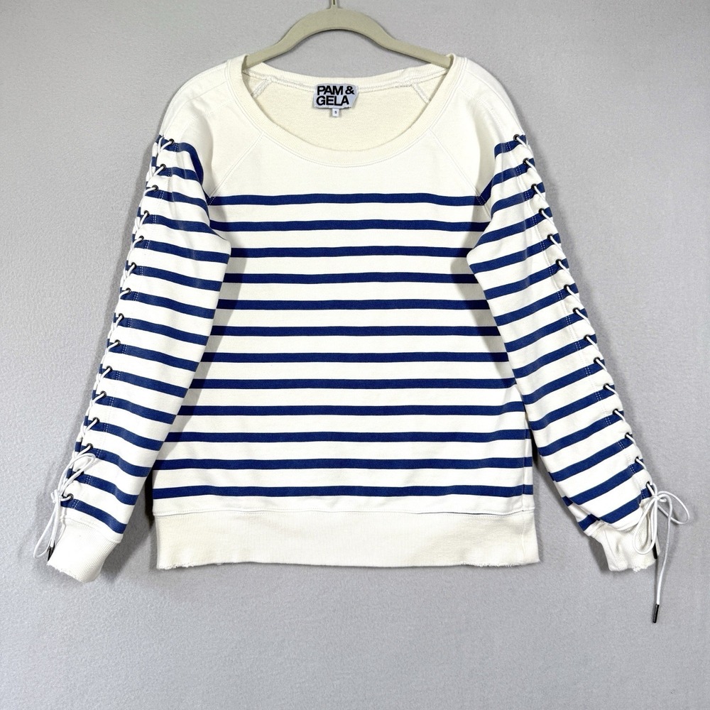 PAM and GELA Top Womens Small Striped Lace Up Sleeve Sweatshirt Nautical Coastal
